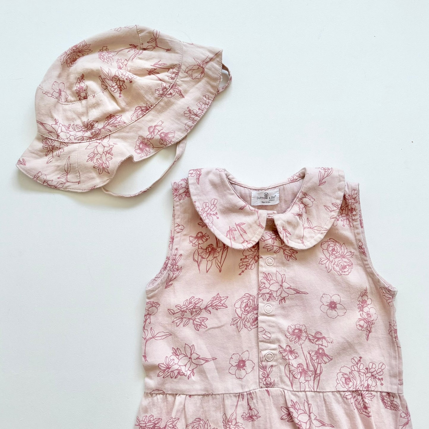 Burrow & Be Floral Romper, 6-12m (with matching hat)